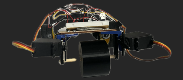 Final bridge robot front view with larger obstacle-clearing wheel and dual servos