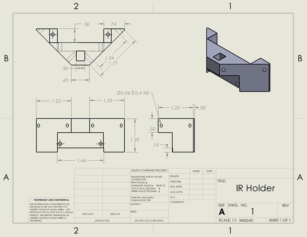 SolidWorks technical drawing of the custom IR sensor holder bracket