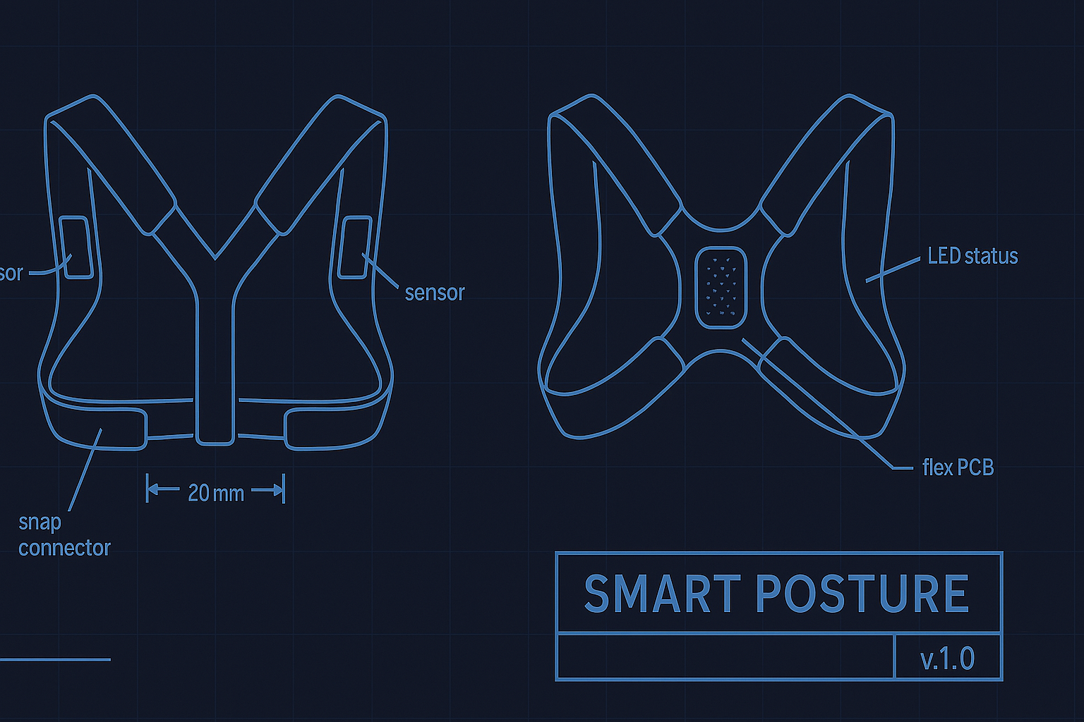 Blueprint-style concept visualization of the Posture+ wearable showing sensor and connector placement